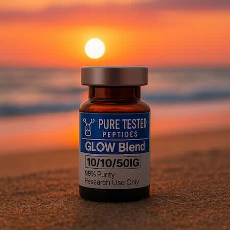 Glow Blend peptide 10/10/50IG formula vial on blue background